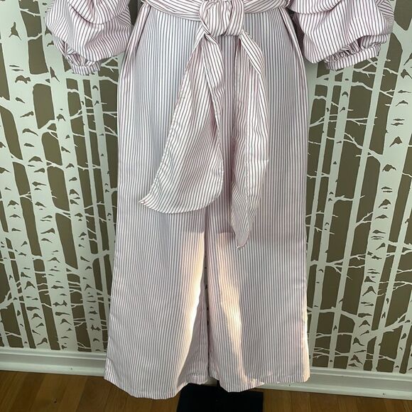 Red & White Striped Jumpsuit w Shirred Balloon Puff Sleeves sz S - Picture 6 of 10